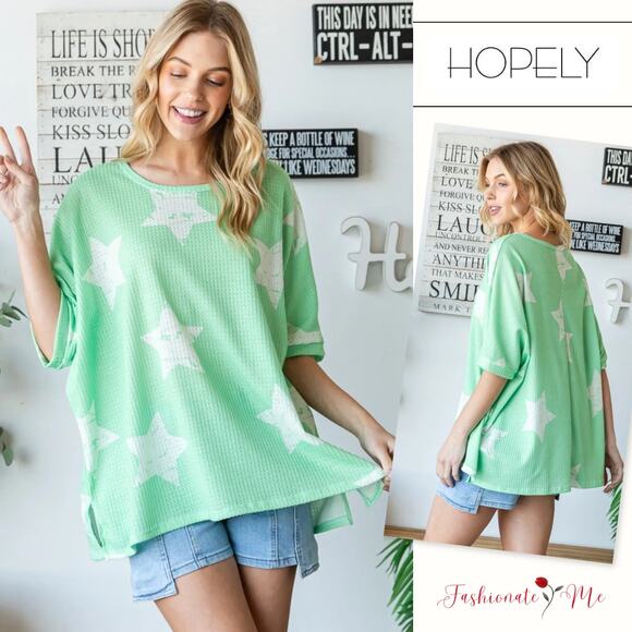 HOPELY Star Pattern Short Sleeves Oversized Waffle T-Shirt | Light Green - Picture 1 of 4